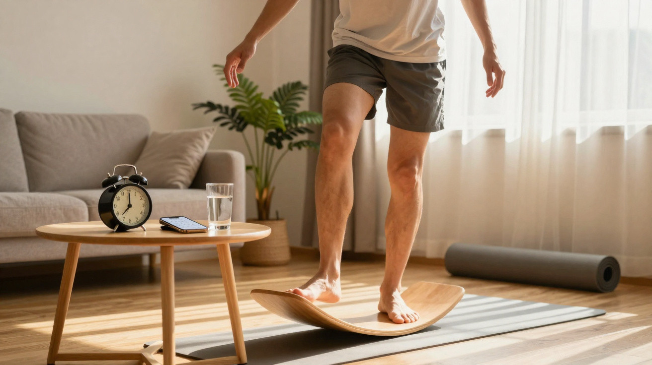 Pessoa em casa a equilibrar-se numa prancha de equilíbrio numa sala iluminada com mobília moderna.
