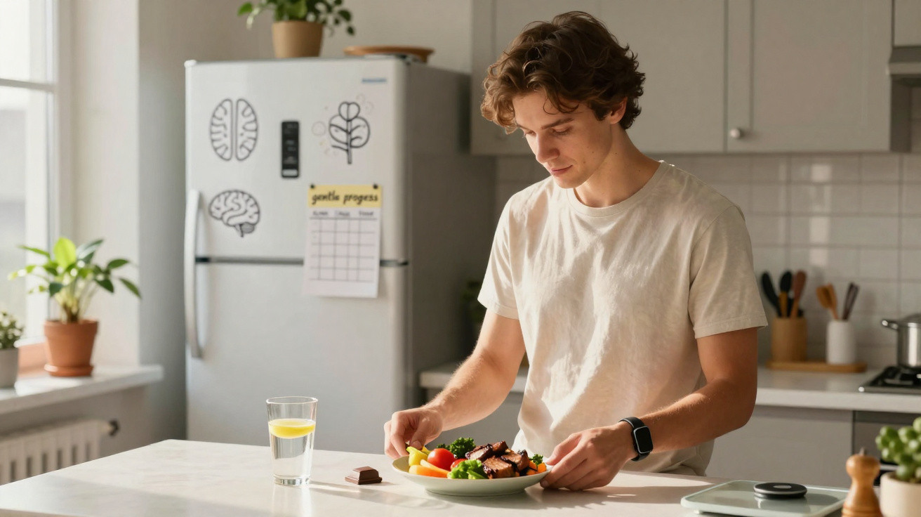 Homem jovem prepara e olha para prato com salada e legumes numa cozinha moderna e iluminada.