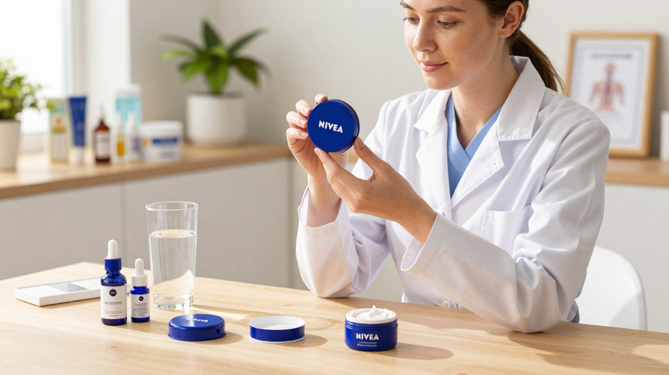 Mulher de bata branca examina creme Nivea, com frascos e copo de água sobre mesa de madeira clara.