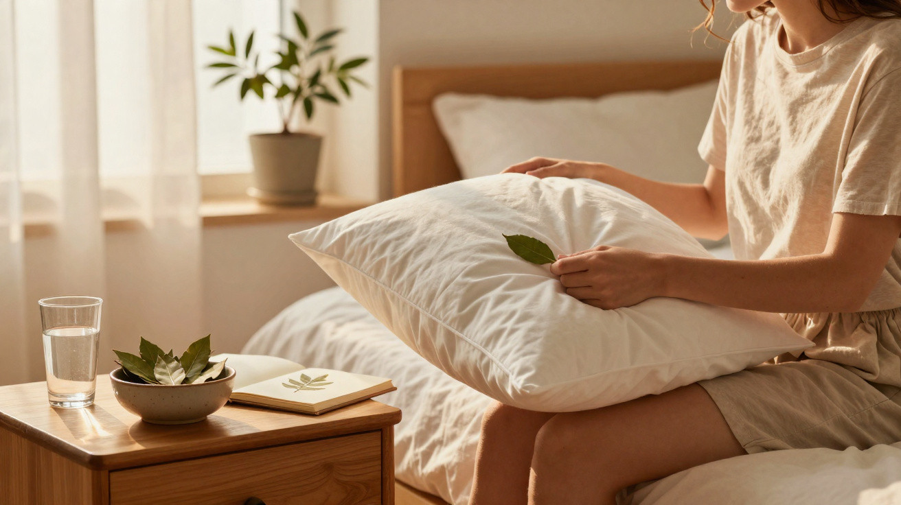 Pessoa a colocar uma folha verde numa almofada num quarto com luz natural suave.