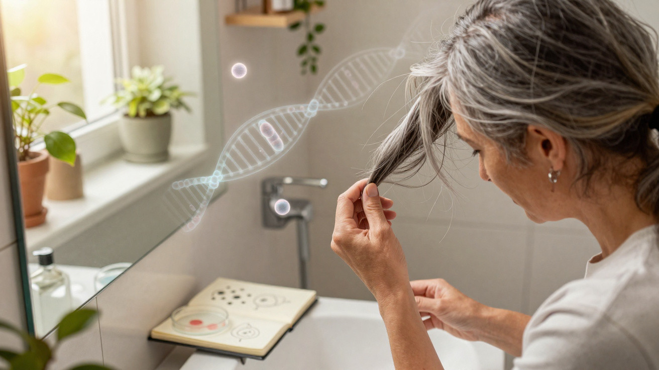 Mulher com cabelo grisalho examina cabelo num espelho com ilustração digital de DNA sobreposto.