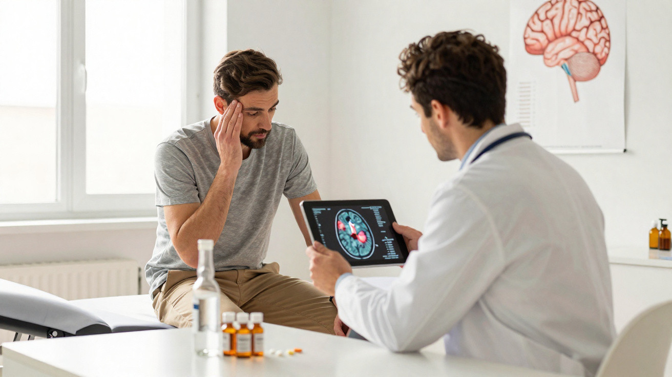 Homem consulta médico que mostra resultados de exame cerebral numa clínica moderna.