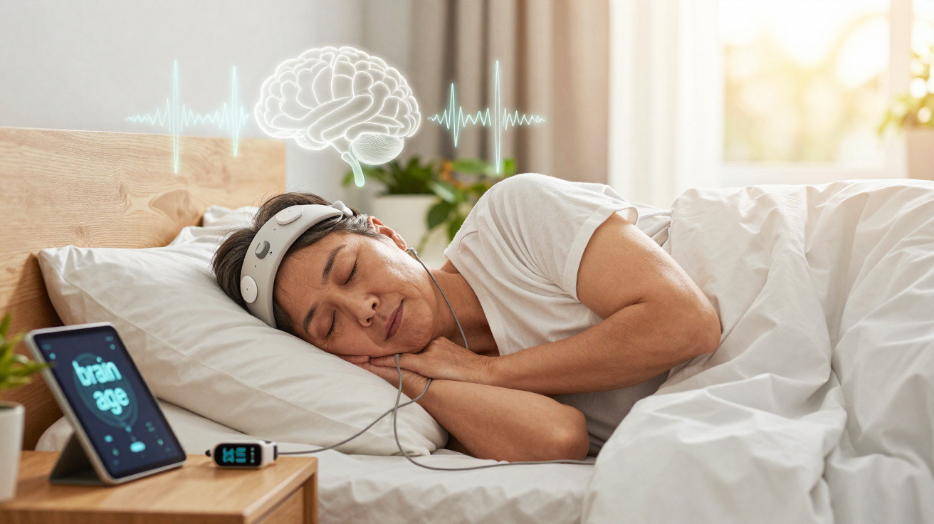 Mulher deitada a dormir com dispositivo na cabeça a monitorizar atividade cerebral num quarto iluminado.