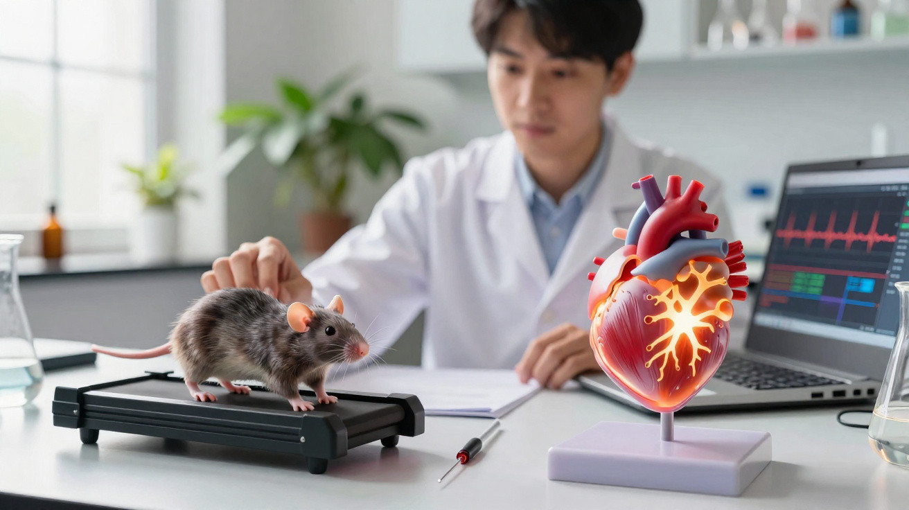 Investigador em laboratório observa rato numa plataforma com modelo anatómico de coração e equipamento de ECG.