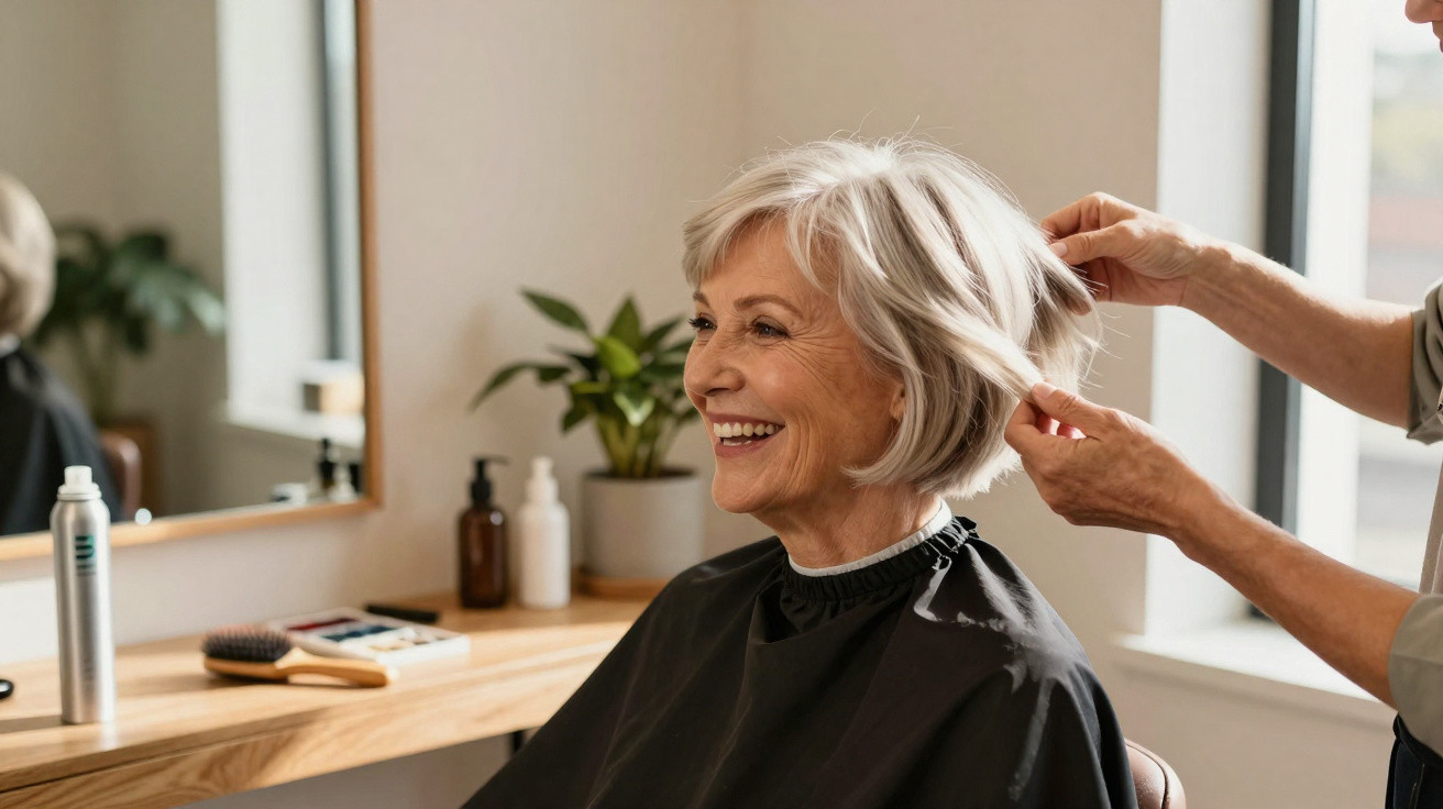 Mulher sénior sorridente a ser penteada num salão de cabeleireiro iluminado e acolhedor.