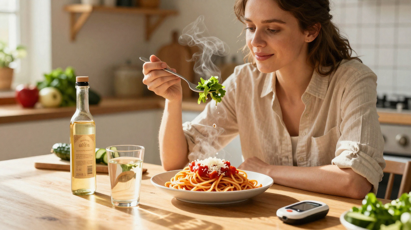 Mulher a saborear uma refeição de esparguete com molho de tomate e queijo numa cozinha luminosa.