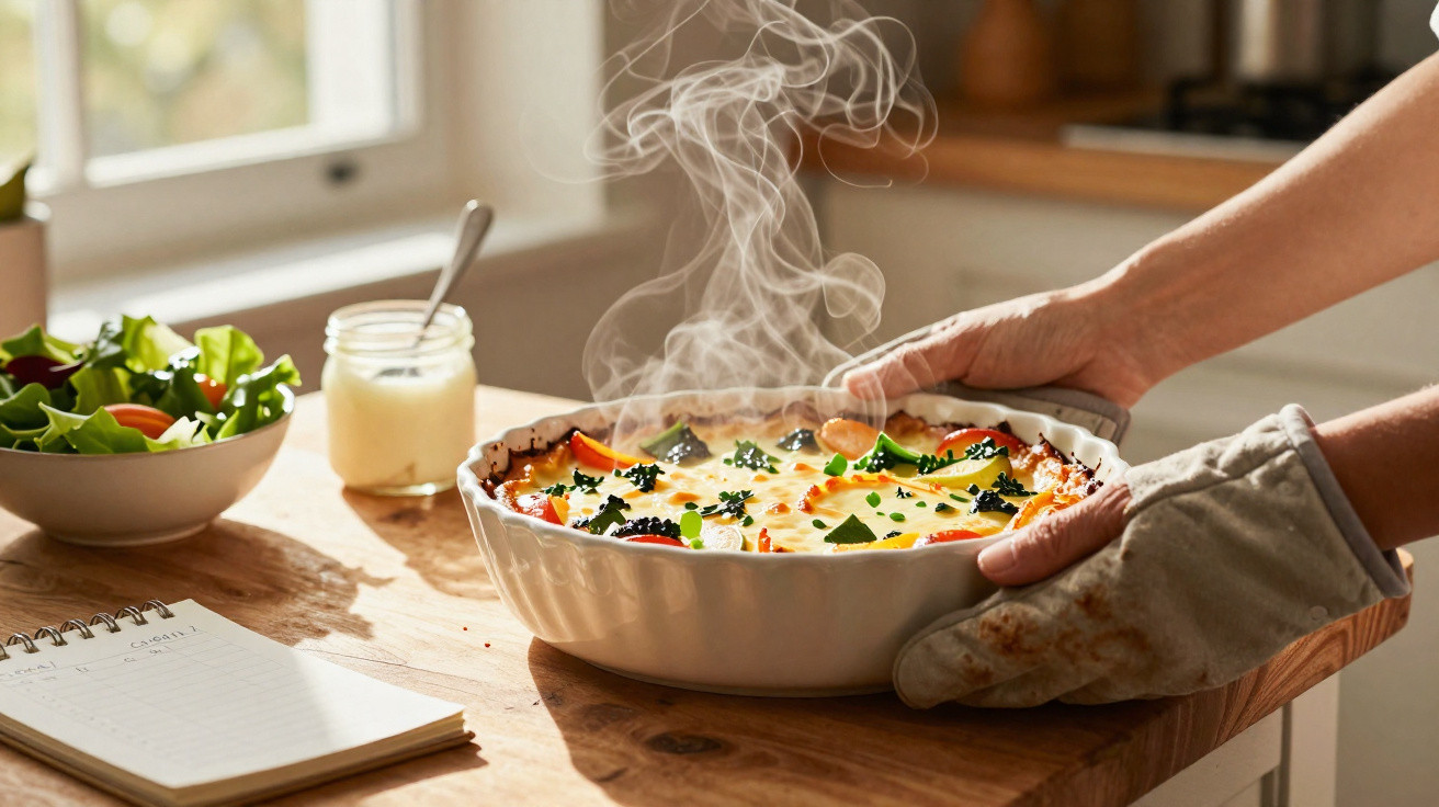 Mãos com luva de forno a retirar do forno prato fundo com refeição quente e fumegante numa cozinha iluminada.