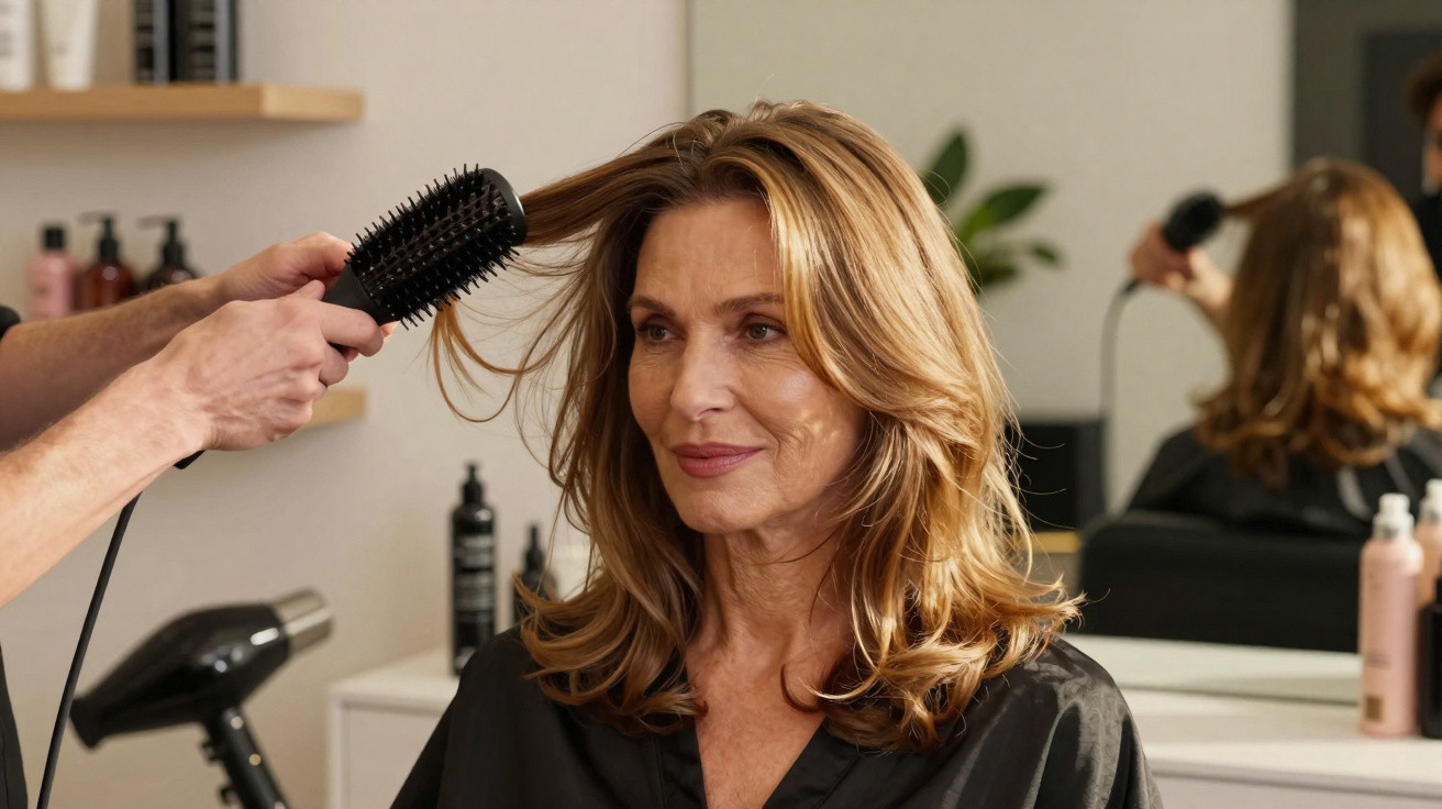 Mulher de cabelo loiro médio sendo penteada num salão de beleza com espelho ao fundo.