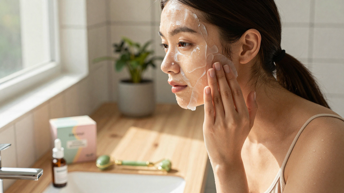 Mulher aplica máscara facial transparente num ambiente de casa de banho iluminado por luz natural.
