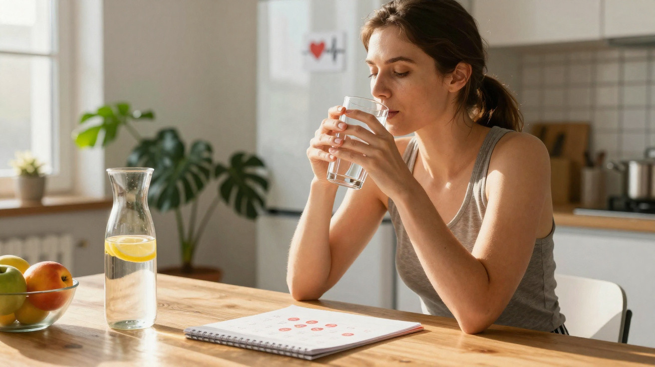 Mulher sentada numa cozinha a beber água de um copo, com jarro de água com limão e caderno à sua frente.