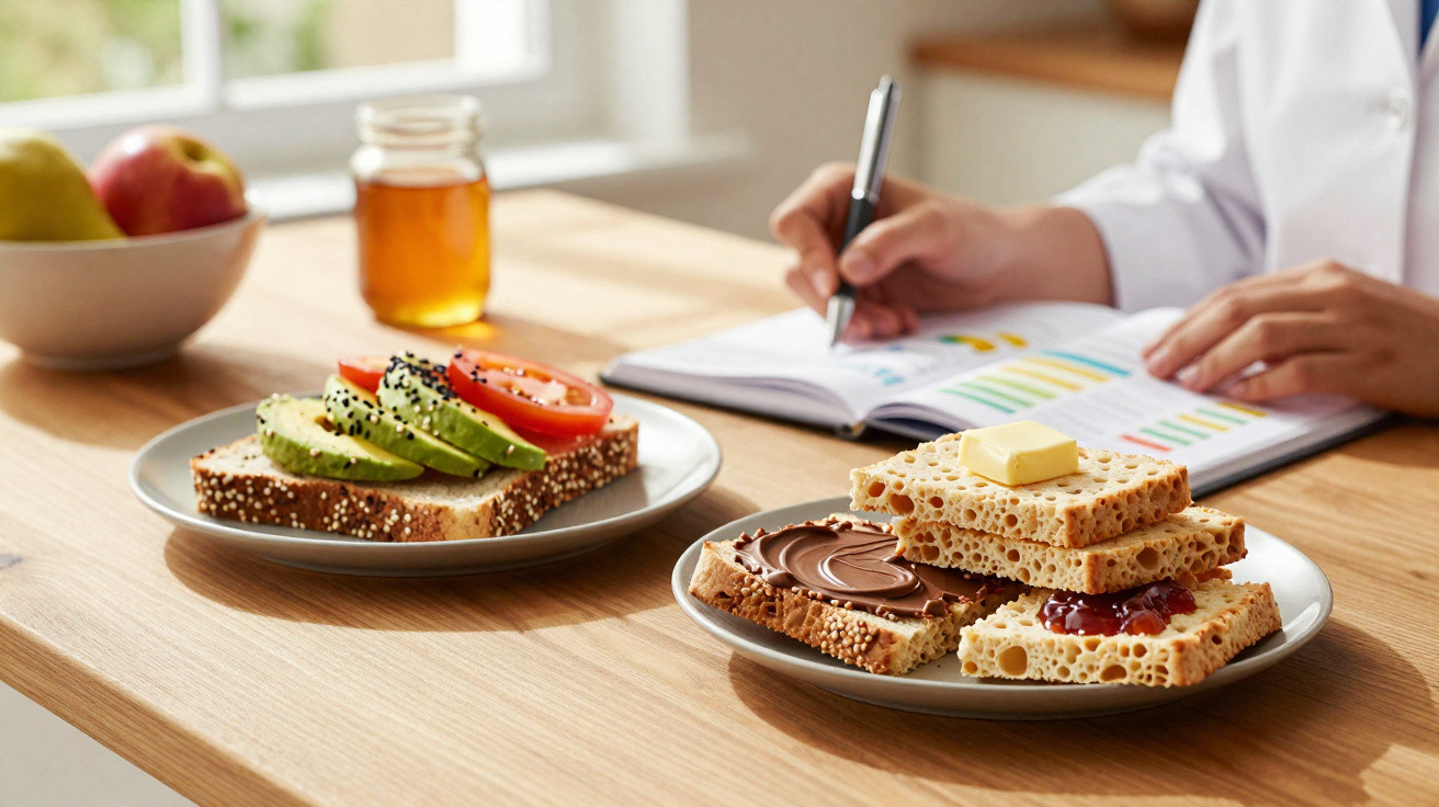 Mesa com duas placas de pão com diferentes coberturas e mãos a escrever num caderno ao fundo.