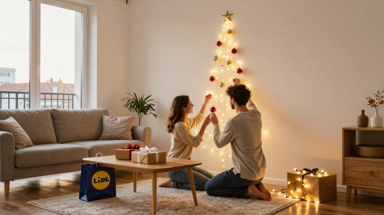 Casal a decorar uma parede com luzes e bolas vermelhas formando uma árvore de Natal minimalista.