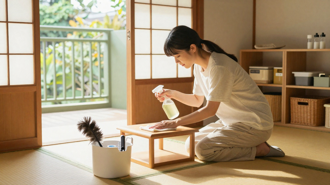 Mulher a limpar uma mesa baixa em sala de estilo japonês com luz natural a entrar pela varanda aberta.