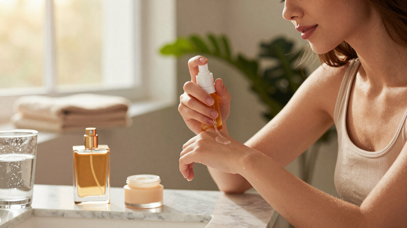 Mulher a aplicar serum num braço com produtos de cuidado da pele no lavatório em ambiente iluminado.