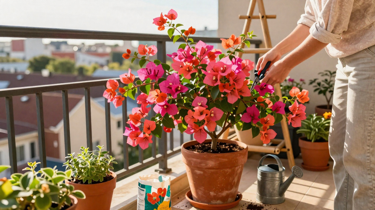 Pessoa a podar flores cor-de-rosa e laranja numa varanda com várias plantas em vasos.