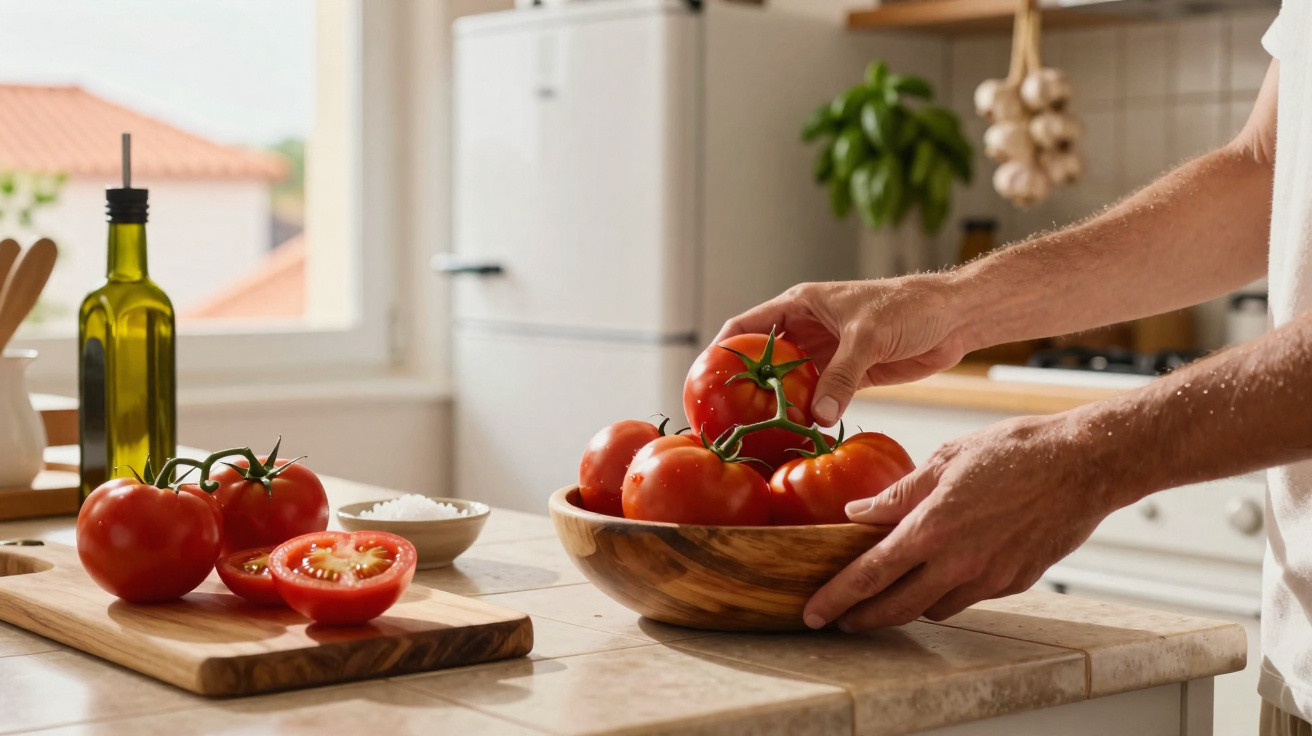 Mãos a retirar tomates de uma tigela de madeira numa cozinha luminosa com frasco de azeite e tábua de madeira.