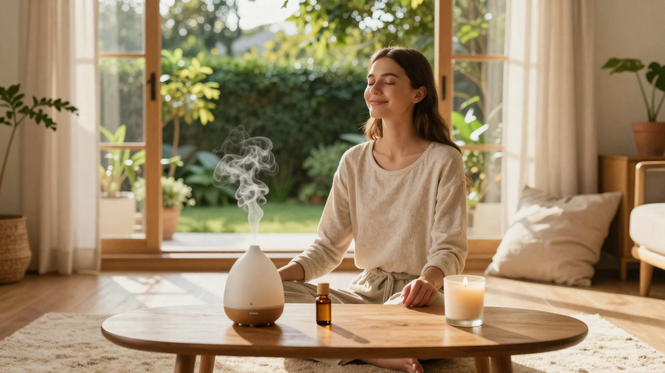 Mulher sentada no chão a meditar com difusor de aromas e vela em sala iluminada e acolhedora.