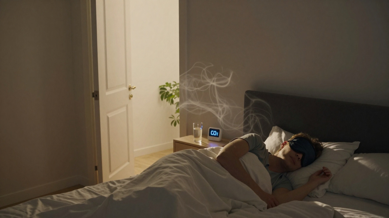 Pessoa de máscara de dormir deitada numa cama, com monitor de CO2 e vapores visíveis no quarto escuro.