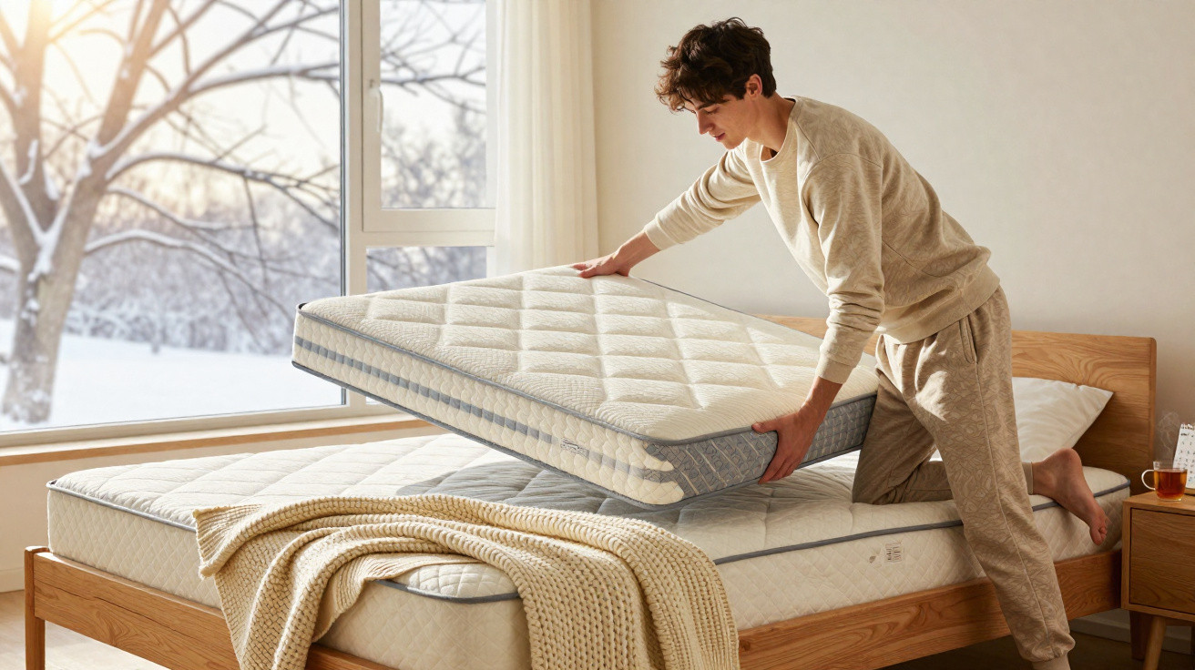 Homem a colocar um colchão sobre outro numa cama perto de uma janela com vista para a neve.