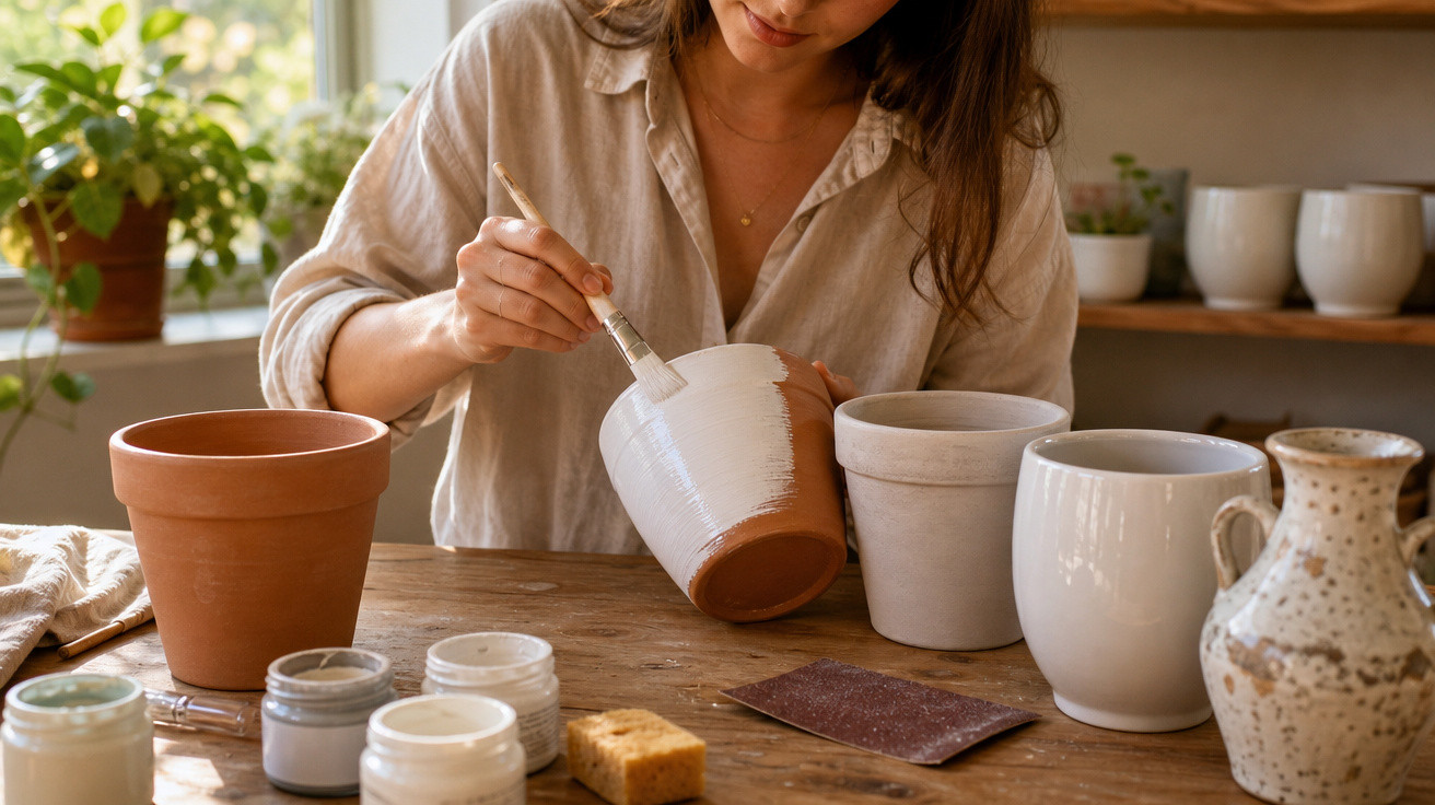Mulher a pintar um vaso de barro branco numa mesa com vários vasos e tintas.