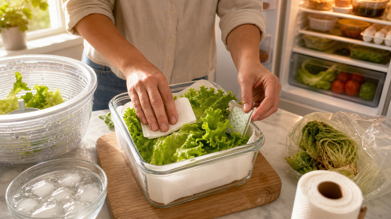 Pessoa a guardar alface fresca num recipiente de vidro na cozinha com frigorífico aberto ao fundo.