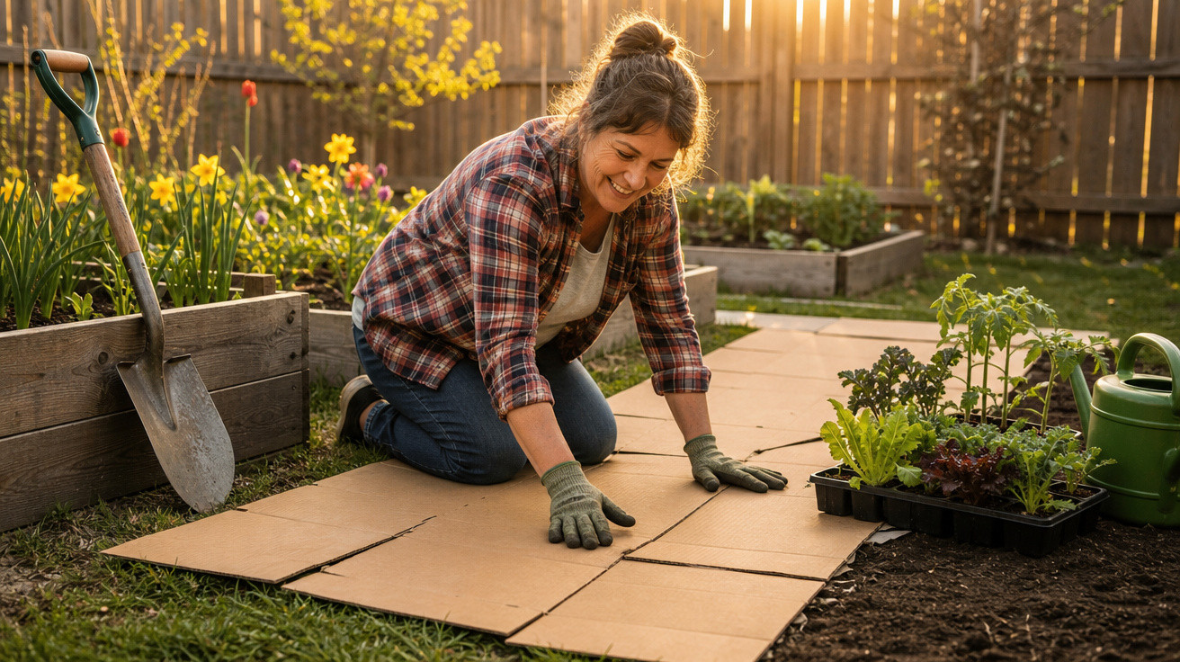 Mulher a preparar jardim com placas de cartão, rodeada por plantas, regador e enxada, ao pôr do sol.