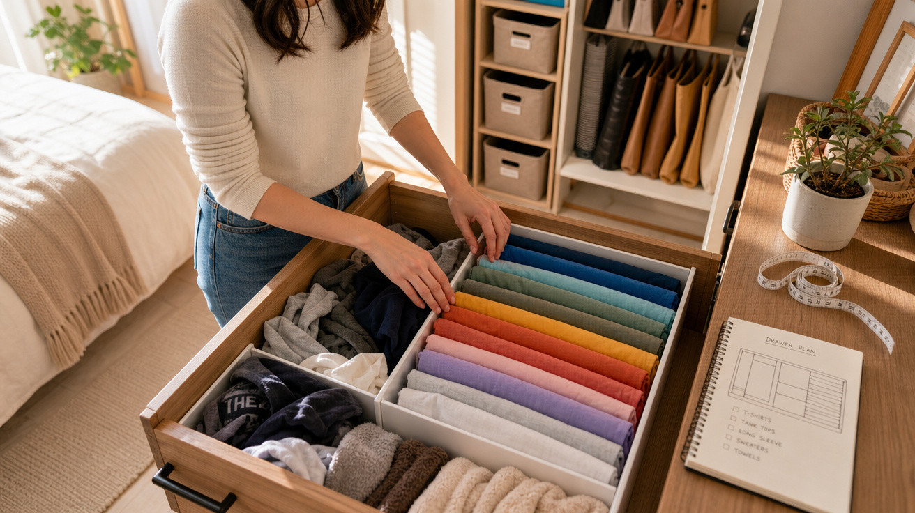 Mulher a organizar roupa dobrada por cores numa gaveta de madeira num quarto arrumado.