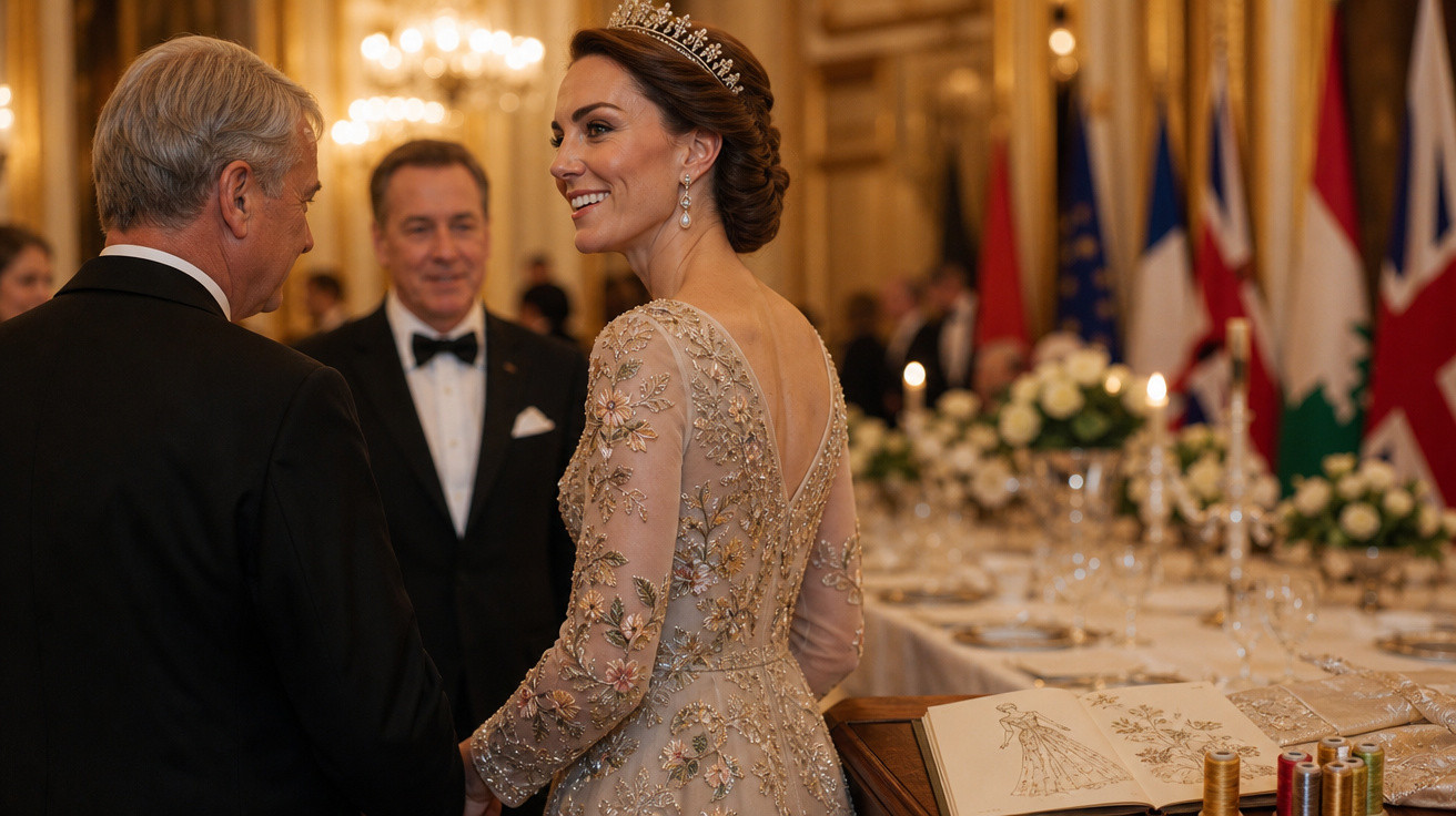 Mulher com vestido elegante e tiara sorri durante evento formal em sala decorada com bandeiras e mesa posta.