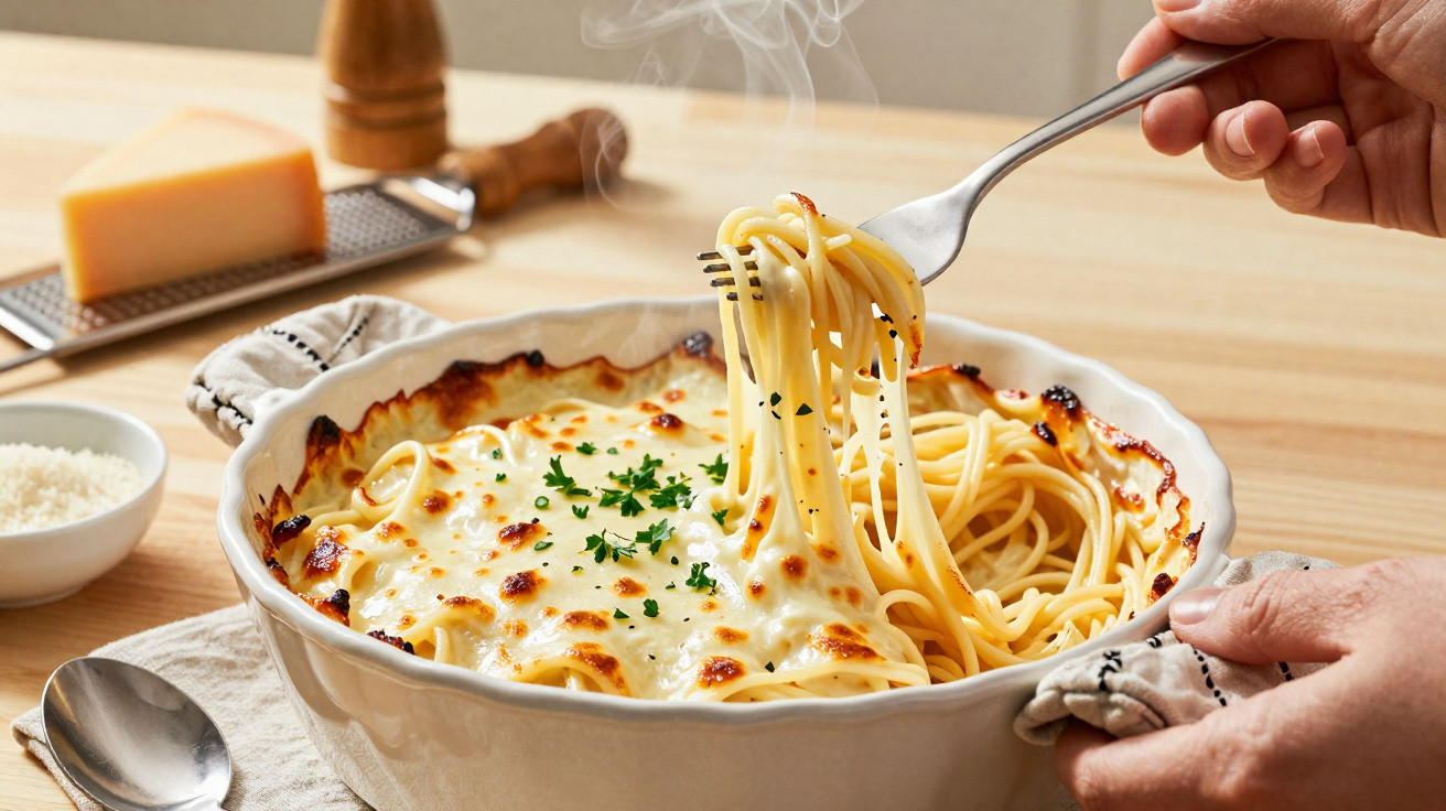 Mãos a servir esparguete gratinado com queijo derretido e salsa em prato branco, sobre mesa de madeira.