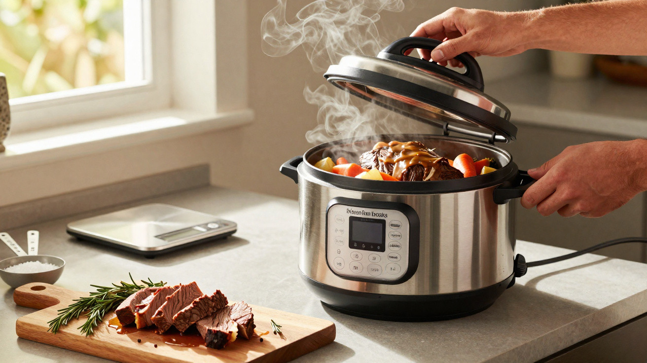 Panela elétrica de cozedura lenta com carne e legumes a fumegar numa cozinha iluminada.