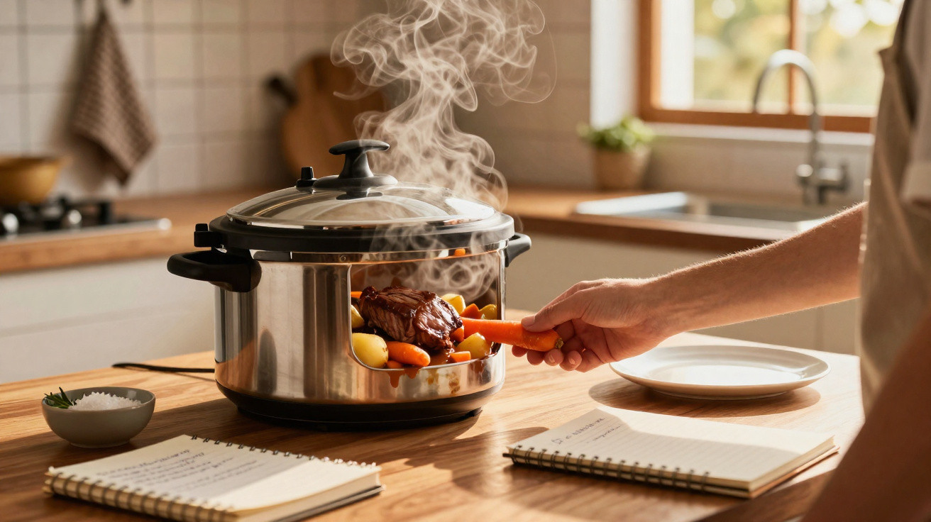 Panela elétrica a cozinhar carne, batatas e cenouras com vapor a sair em cozinha iluminada.