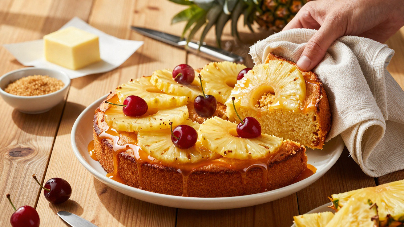 Bolo de ananás decorado com cerejas, servido numa travessa branca sobre mesa de madeira.