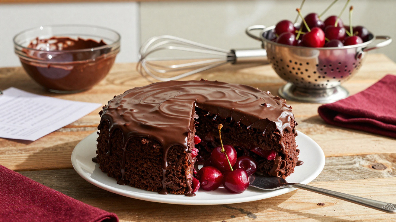 Bolo de chocolate com cobertura cremosa e cerejas no interior e topo, servido num prato branco sobre mesa de madeira.