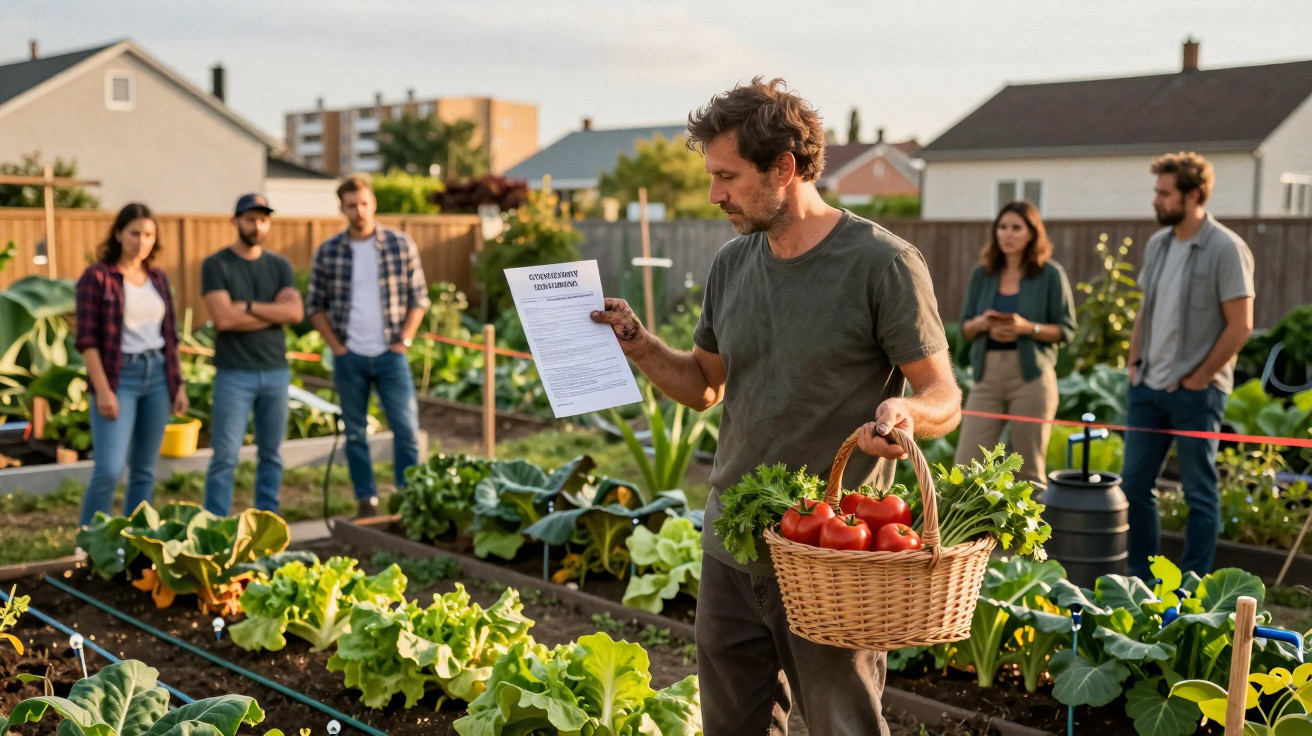 Homem com cesta de legumes vermelhos e papel na mão explica a cultivo em horta urbana a cinco pessoas.