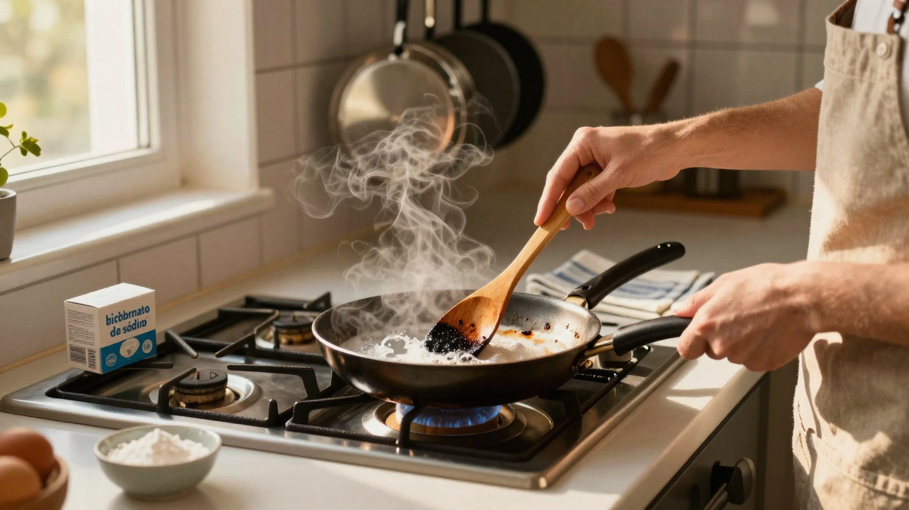 Pessoa a cozinhar numa frigideira com vapor a subir, ao lado bicarbonato de sódio e ingredientes numa cozinha iluminada.