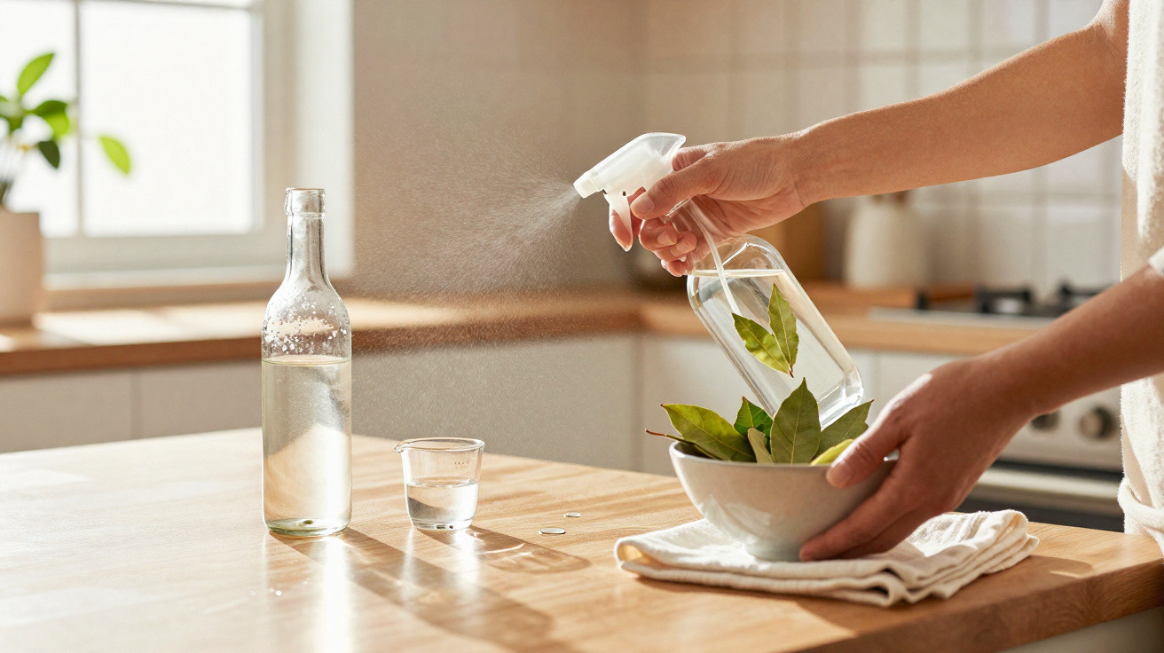 Pessoa a borrifar água numa taça branca com folhas verdes numa cozinha iluminada.