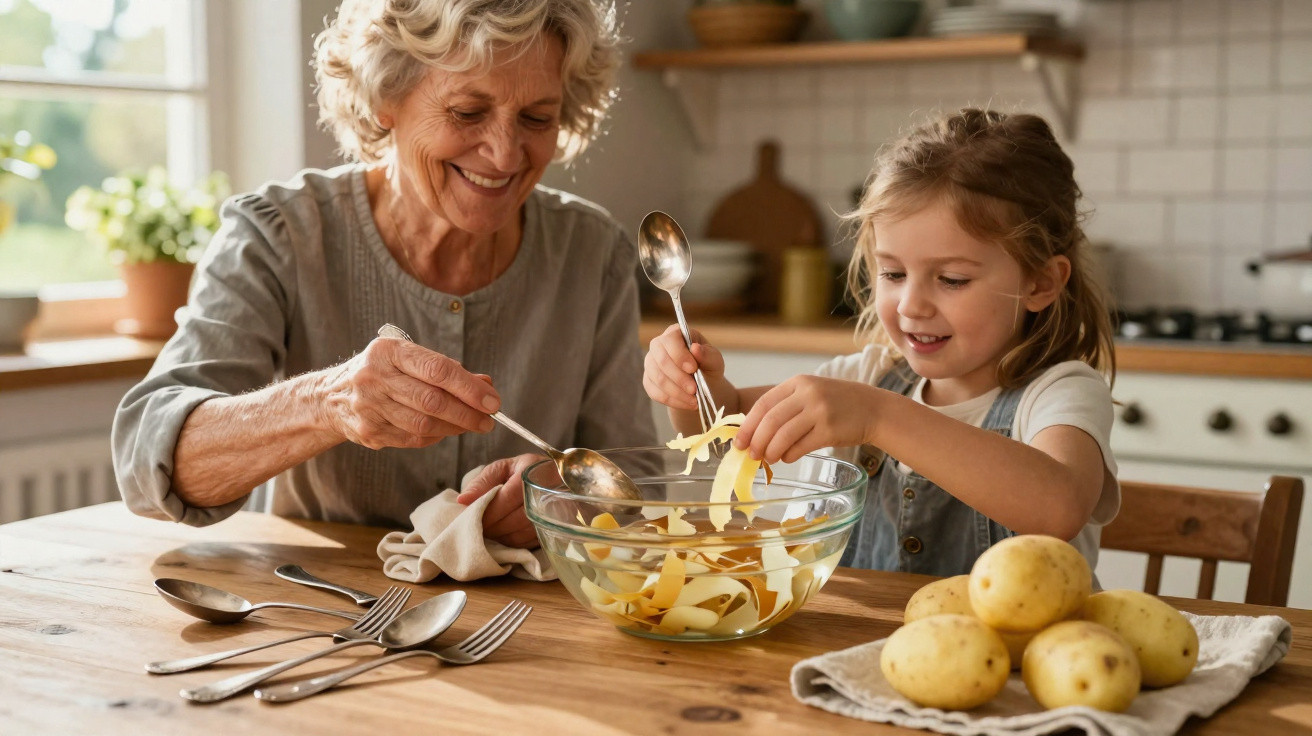 Avó e neta a preparar batatas numa tigela na cozinha, sorrindo e divertindo-se juntas.