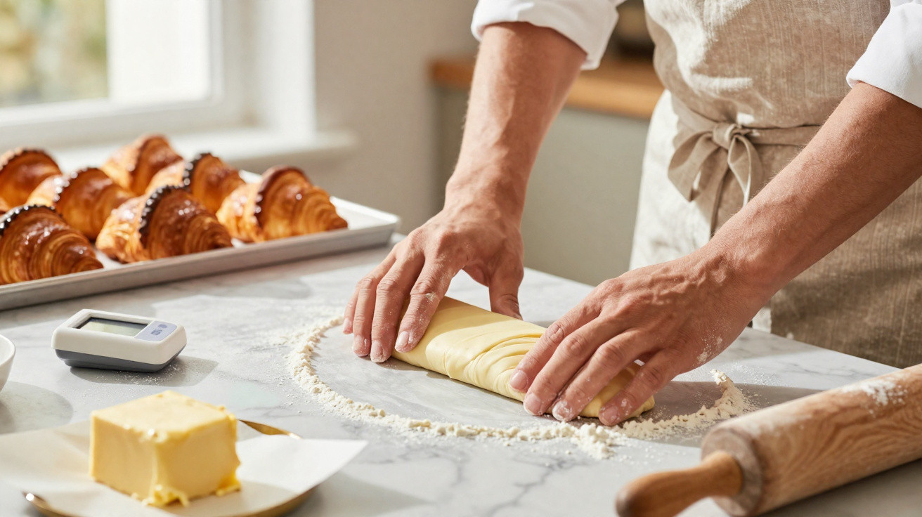 Pessoa a enrolar massa na bancada com croissants, manteiga e rolo de massa ao lado na cozinha.