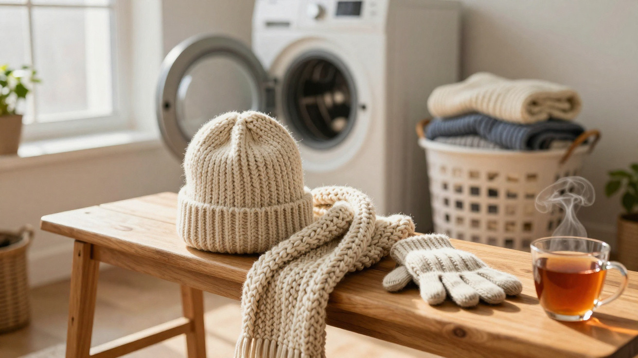 Gorro, cachecol e luvas de malha claros em banco de madeira com máquina de lavar e chá quente ao fundo.