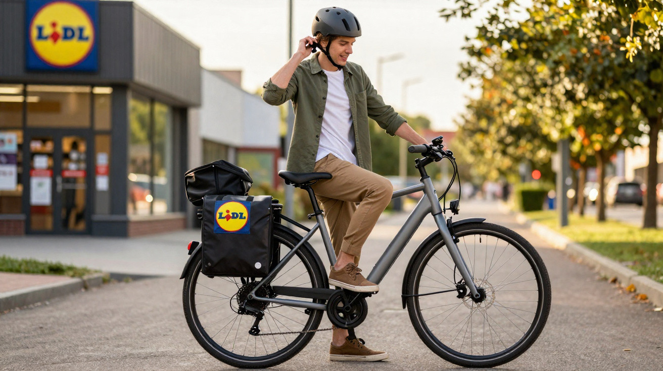 Jovem de capacete prepara-se para andar de bicicleta junto a supermercado Lidl ao ar livre ao fim da tarde.
