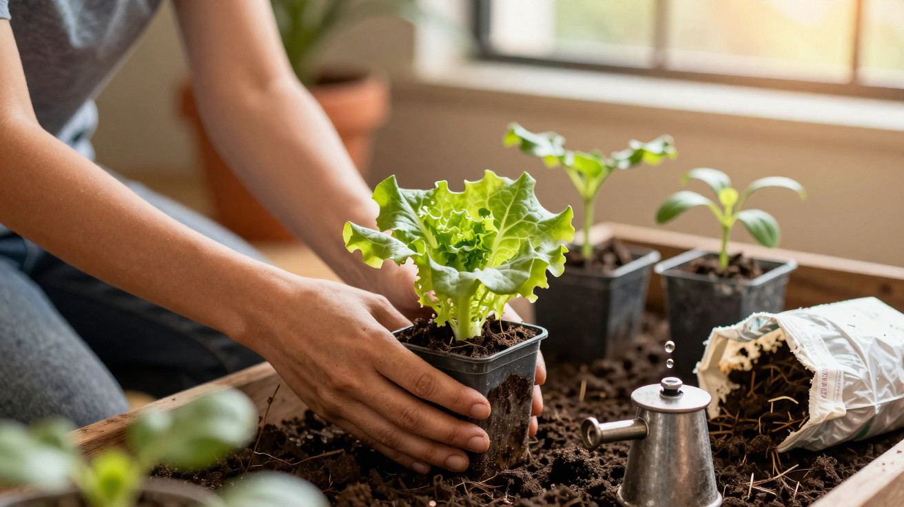 Mãos a transplantar muda de alface em vaso, com regador e outras plantas ao fundo numa janela iluminada.