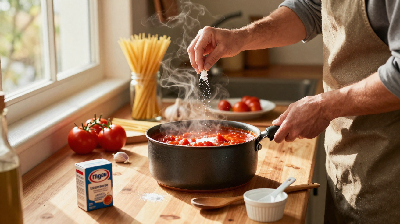 Pessoa a temperar molho de tomate a ferver numa panela numa cozinha com ingredientes à volta