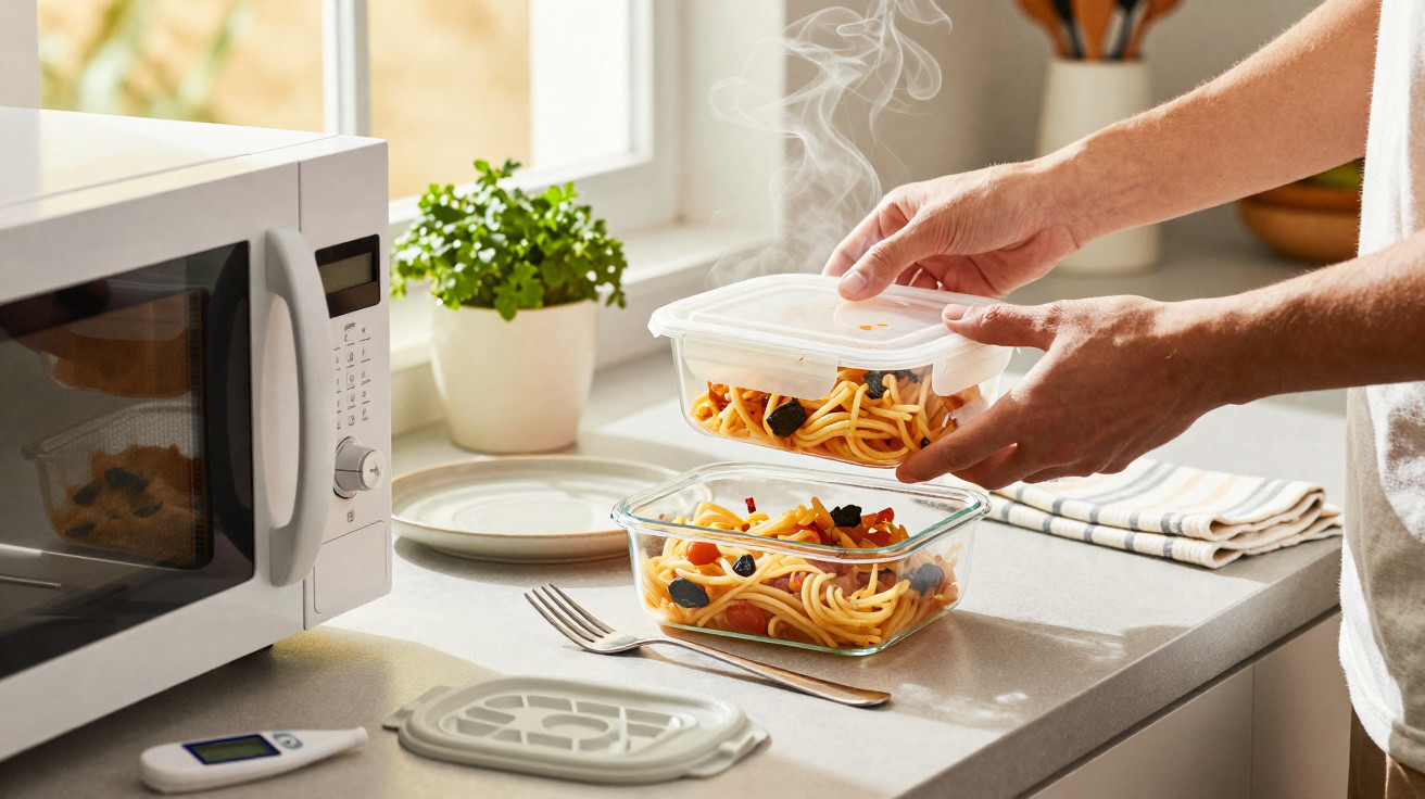Pessoa a colocar esparguete quente em recipiente plástico numa cozinha moderna, ao lado de microondas e planta.