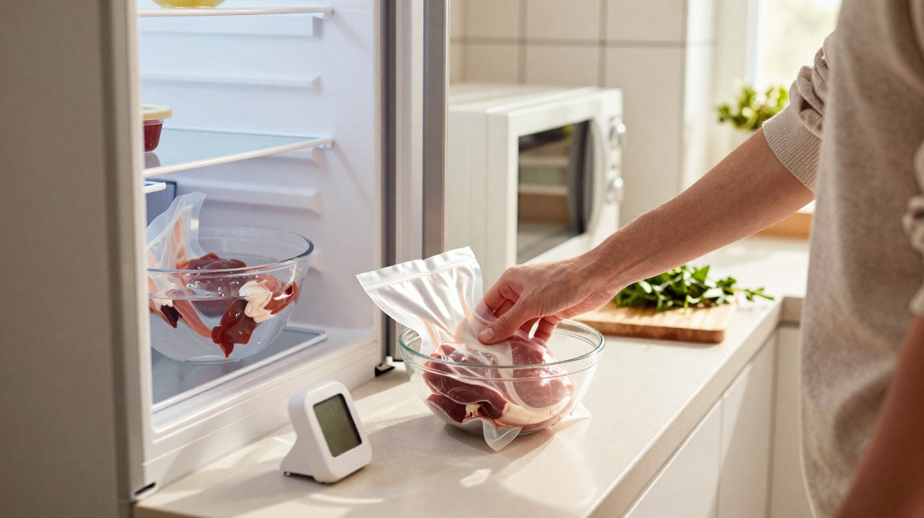 Pessoa coloca carne embalada a vácuo numa taça em frente ao frigorífico aberto numa cozinha iluminada.