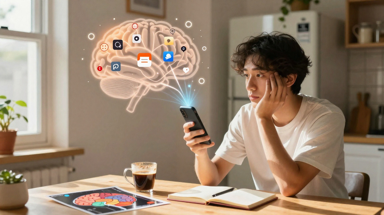 Jovem sentado a olhar para smartphone com projeção digital de cérebro e ícones de aplicações à sua frente.