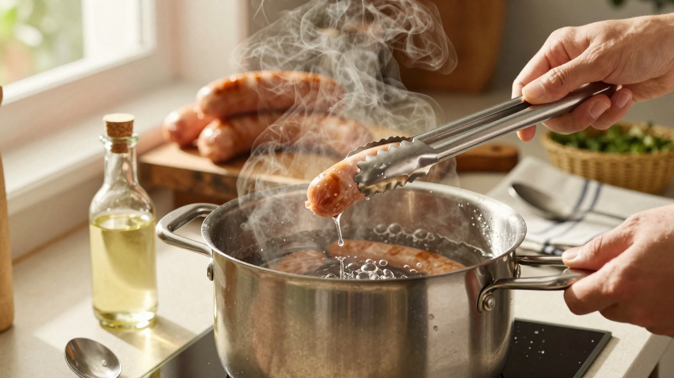 Mãos a cozer salsichas num tacho de inox com vapor, ao lado de garrafa de azeite e tábua com mais salsichas.