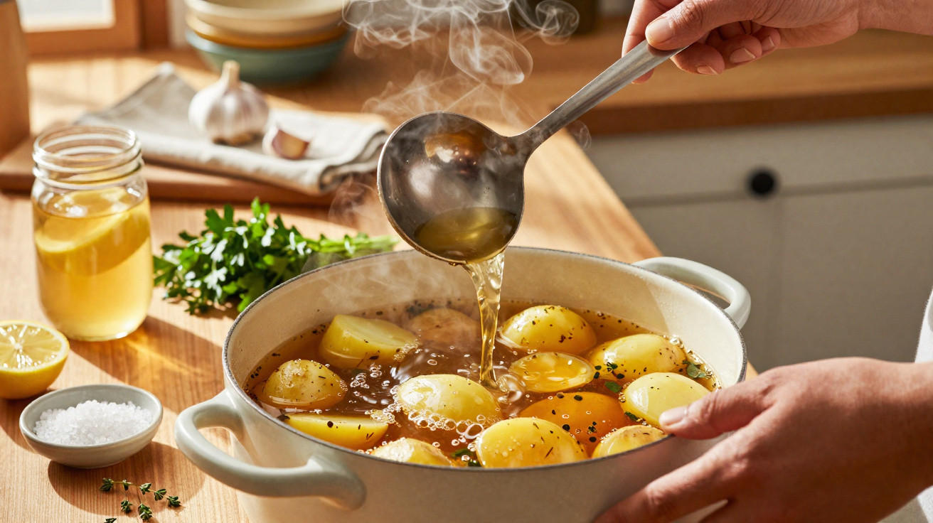 Mãos a servir caldo quente com batatas e legumes numa panela branca numa cozinha iluminada.