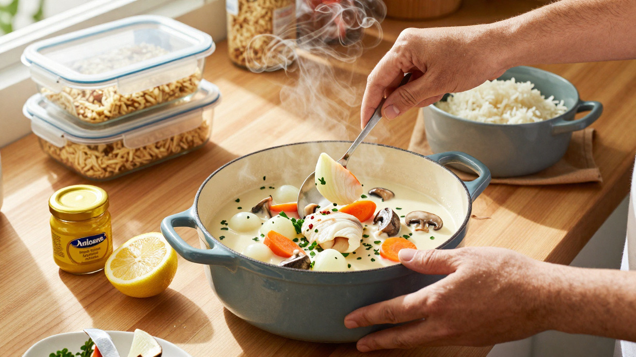 Pessoa a servir sopa cremosa com legumes e frango numa panela azul, ao lado de arroz e ingredientes na bancada.