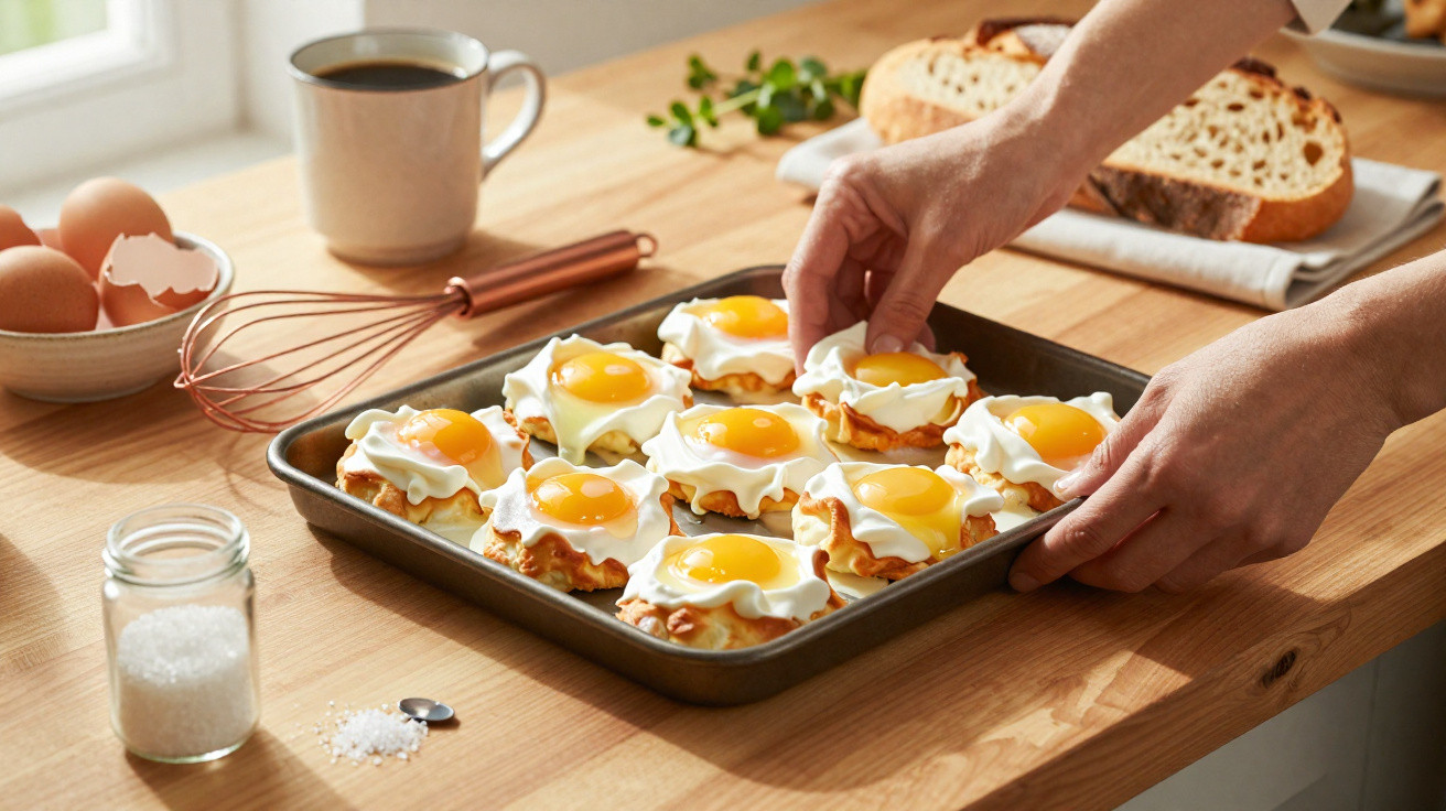 Tabuleiro com bolinhos de ovos estrelados, mãos a segurar, no balcão de cozinha com pão e café.