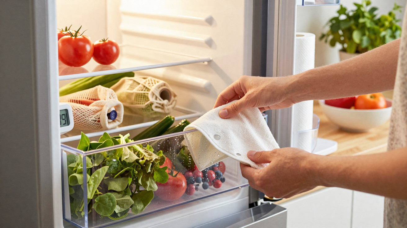 Mãos segurando pano branco perto de gaveta aberta de frigorífico com legumes e frutas frescas.